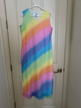 Vintage Colorful Rainbow Stripe silk V-Neck Dress excellent condition!!